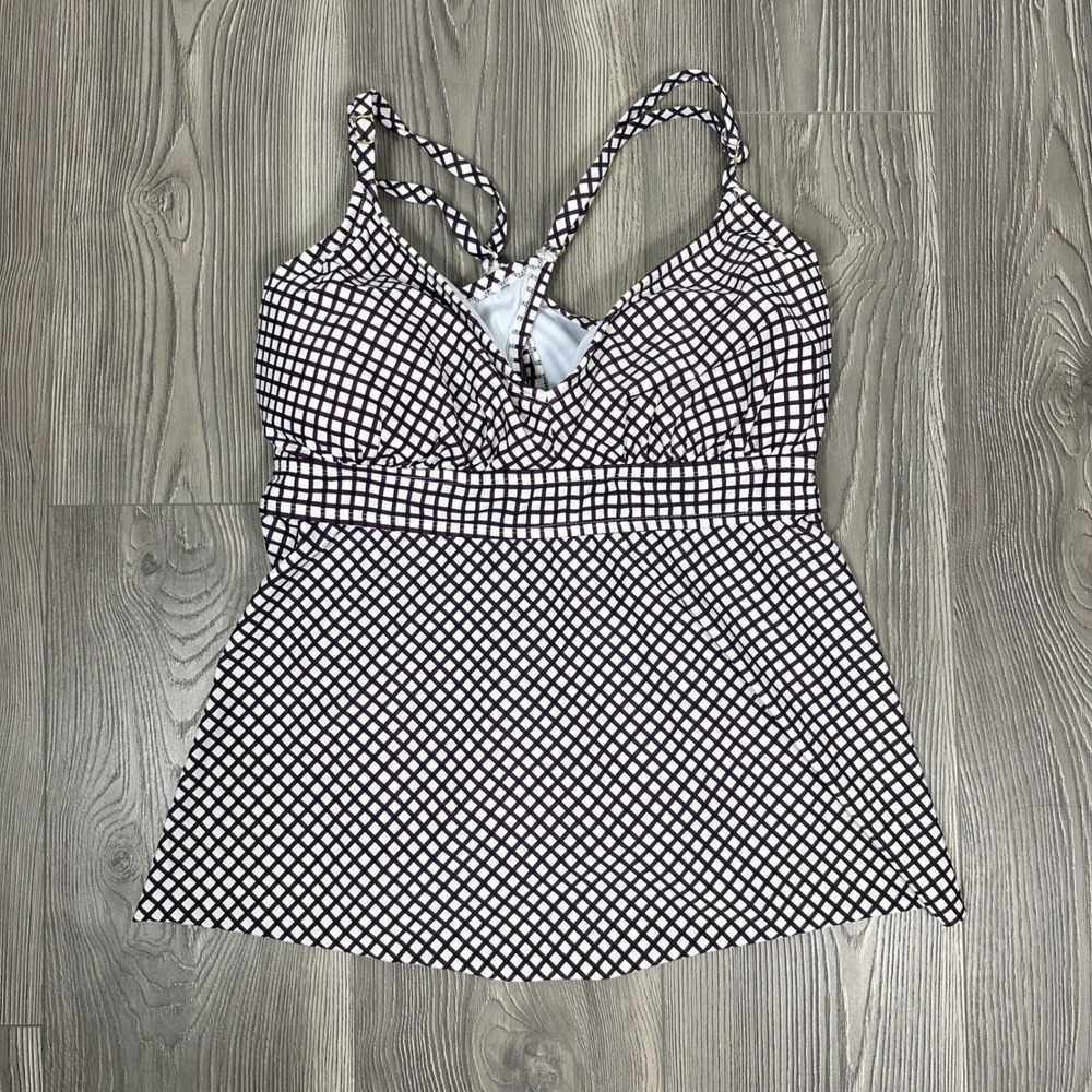 Kona Sol Purple and White Plaid Tankini Swimsuit Top - Size XL Window Pane Check